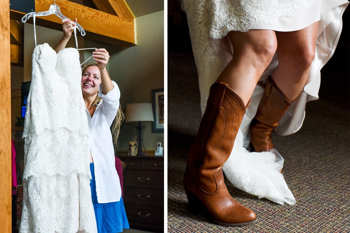 bride-puts-on-dress-and-cowboy-boots-at-Whitefish-Mountain-Resort-Wedding