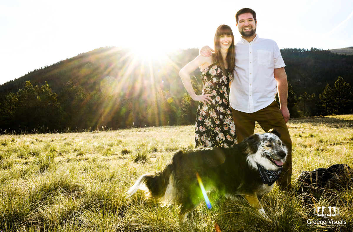engaged-couple-with-dog-during-sunset-on-Mount-Helena-Montana-Engagement-Portraits