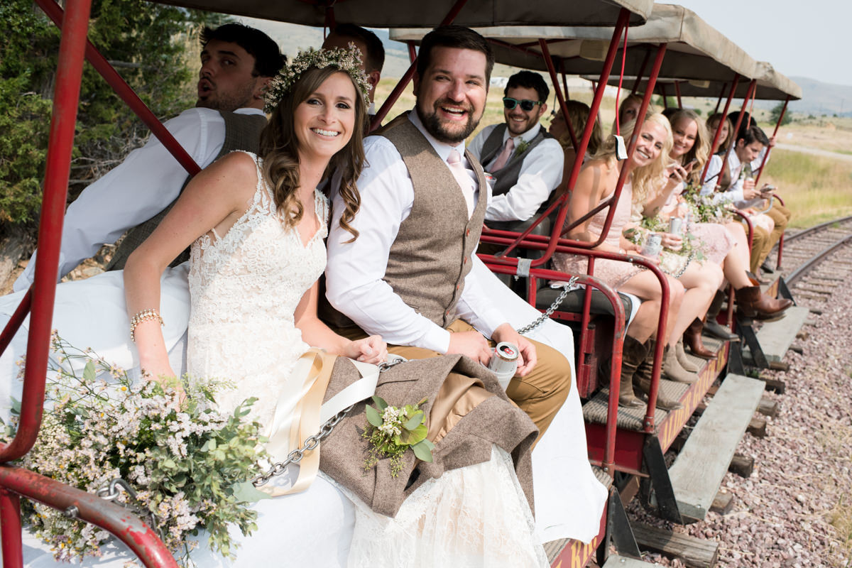 Virginia City Montana wedding day bride and groom train ride