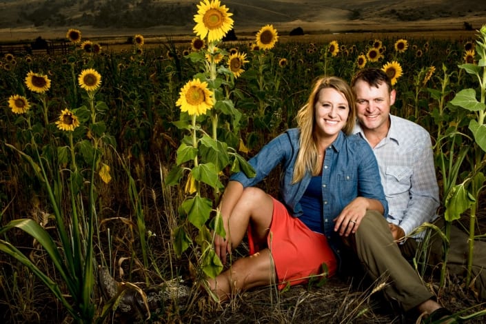 Bozeman Portrait Photography Engagement Couple Sunflowers Madison River