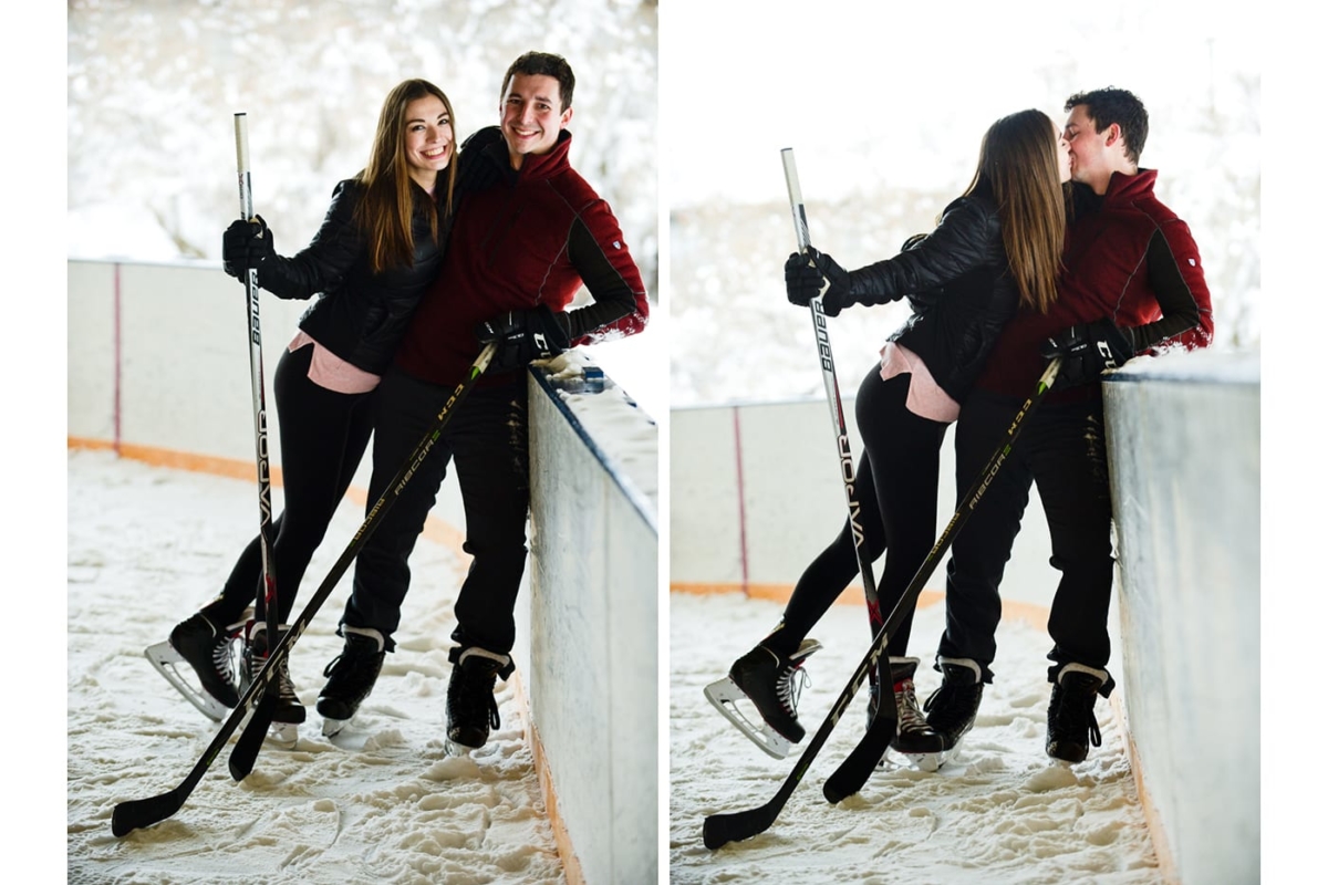 hockey-couple-kiss-on-the-boards-during-Bogert-Park-Snowstorm-Portraits