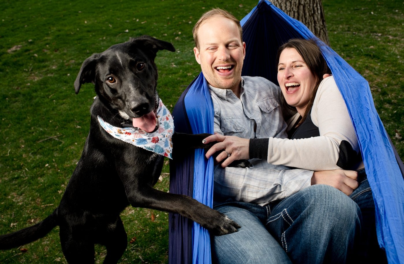 Engaged-Couple-in-Hammock-surprised-by-Dog-Jump