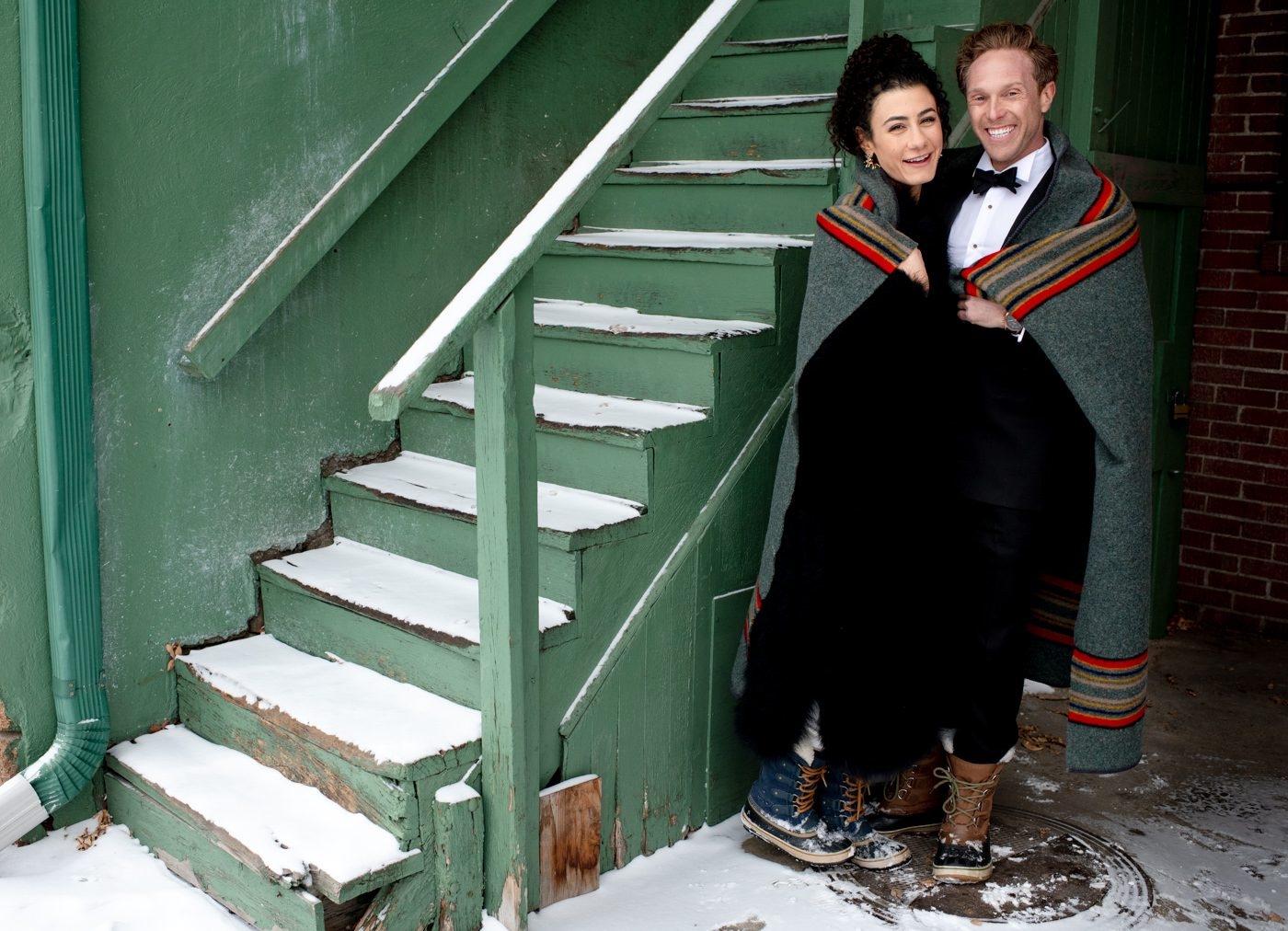 Wedding-Couple-portrait-on-green-stairs-Downtown-Bozeman