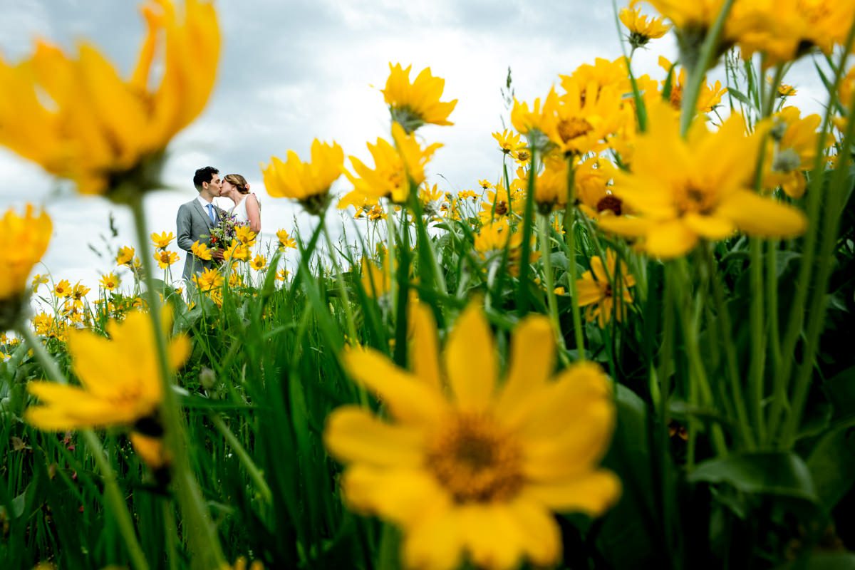 Newlyweds-kiss-in-field-of-yellow-flowers-at-Bozeman-Montana-wedding